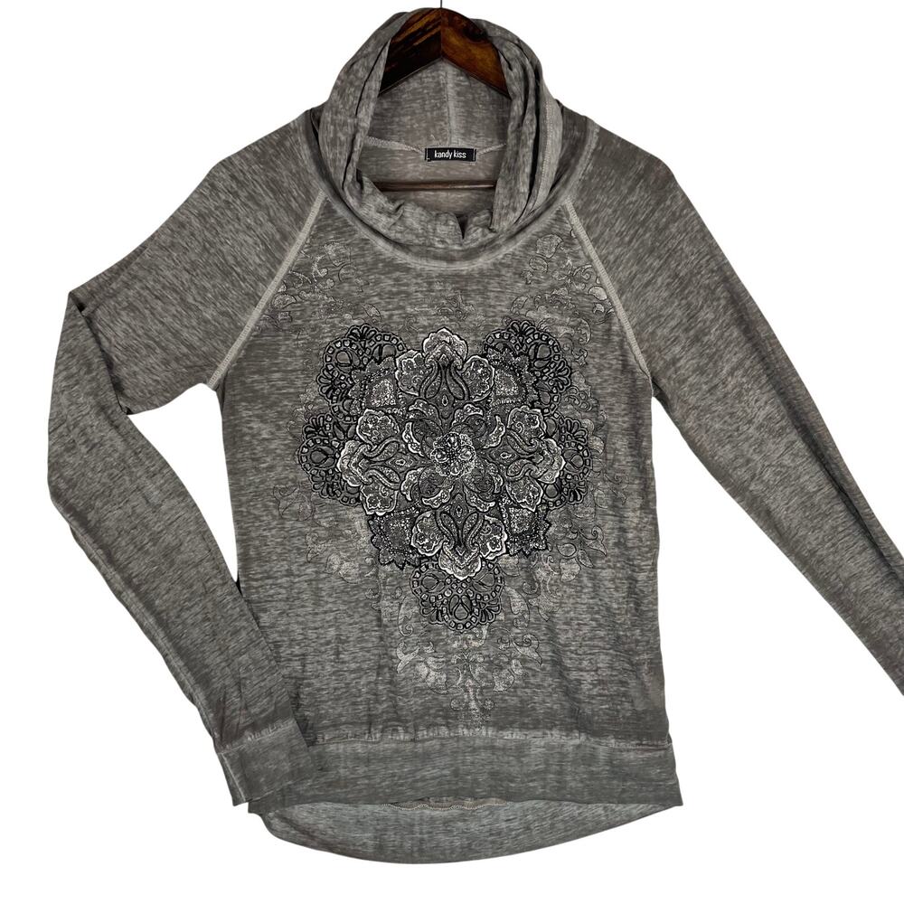 Kandy Kiss Womens Cowl Neck Top M Gray Graphic Print Mandala Long Sleeve Burnout